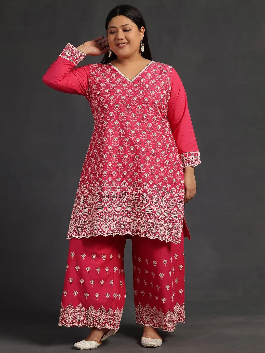 Plus Size Pink Embroidered Cotton Co-Ords