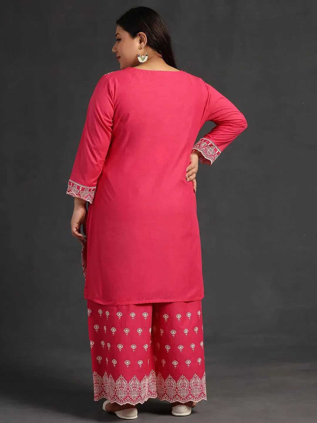 Plus Size Pink Embroidered Cotton Co-Ords