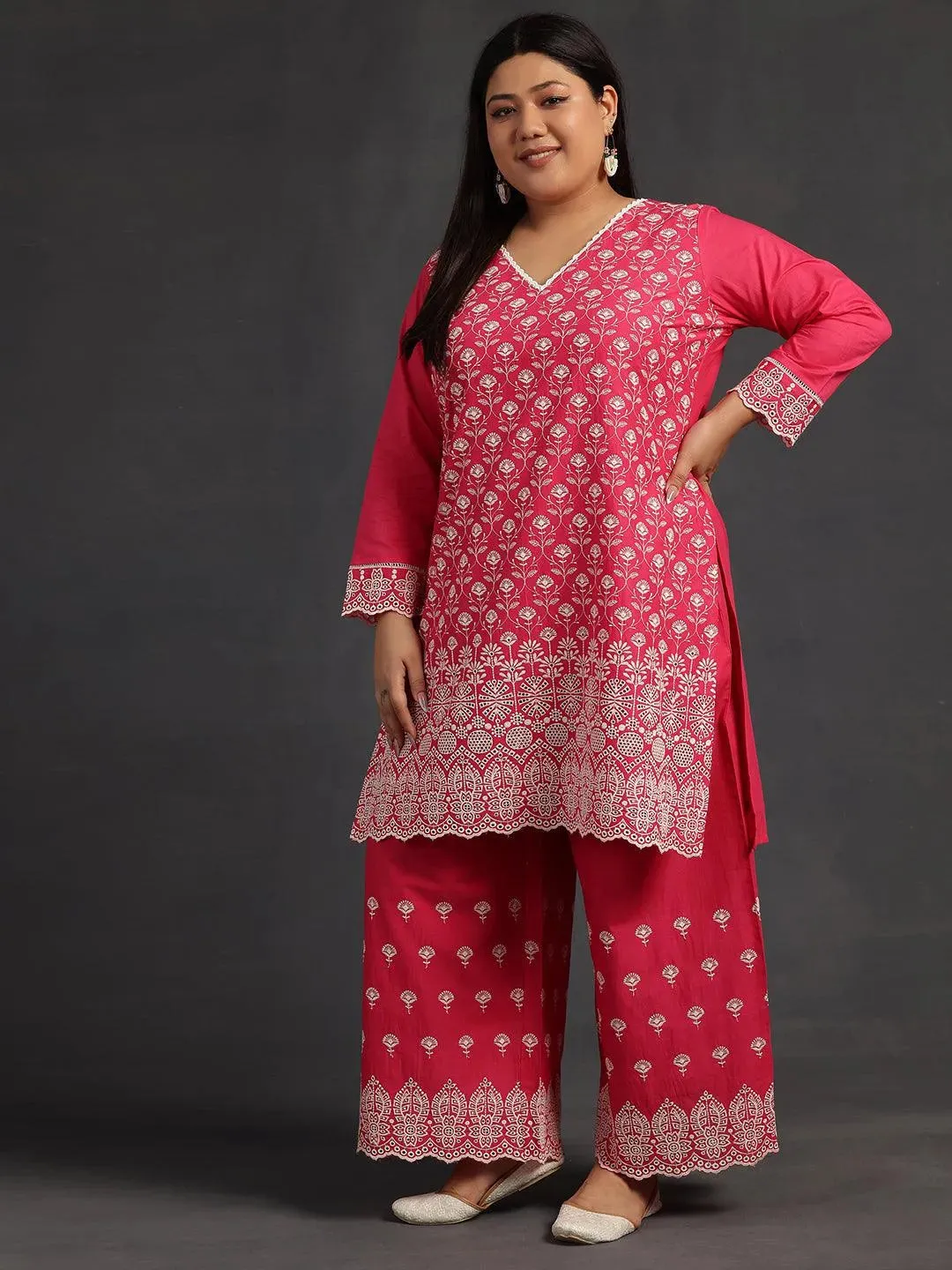 Plus Size Pink Embroidered Cotton Co-Ords