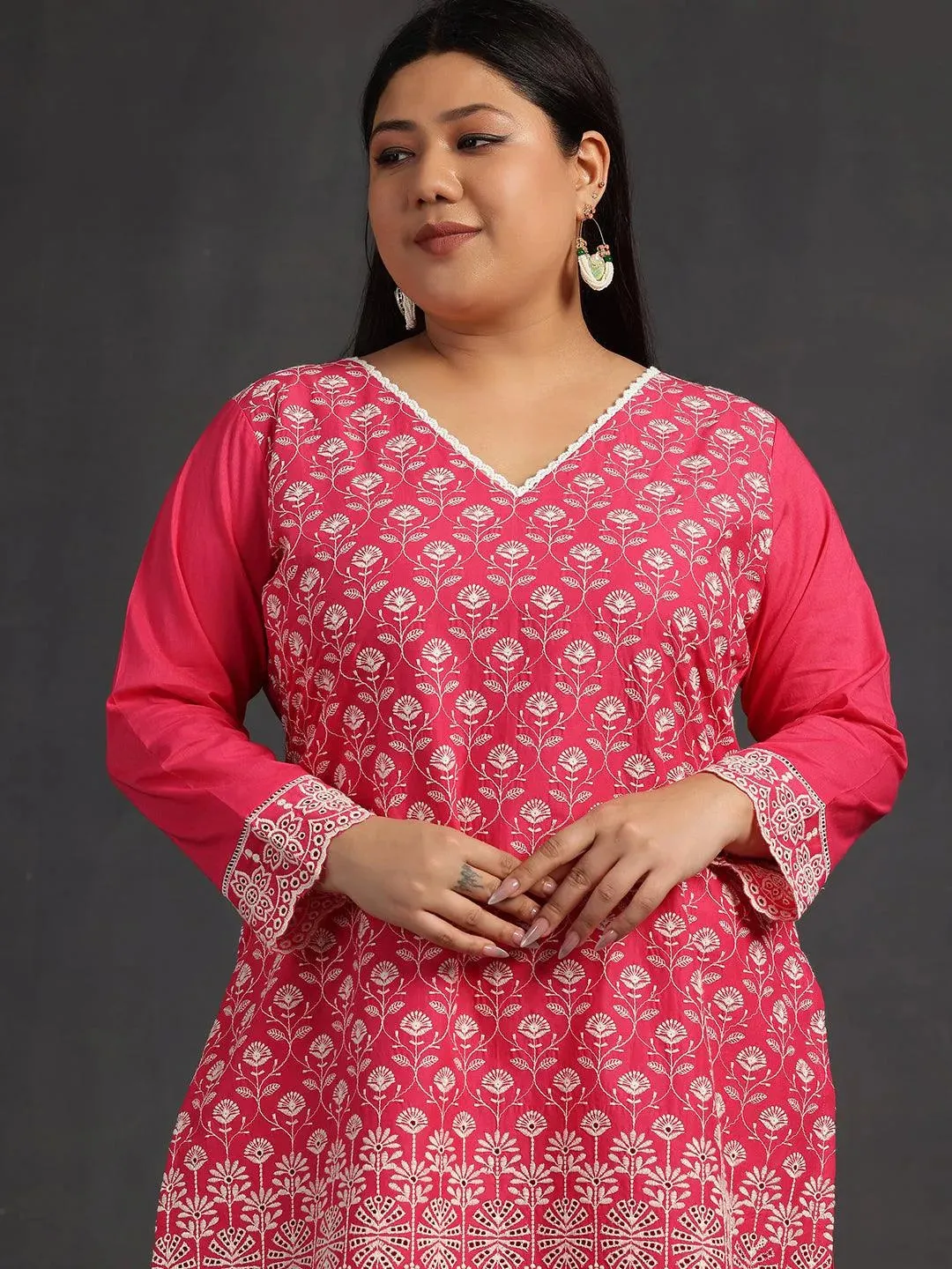 Plus Size Pink Embroidered Cotton Co-Ords