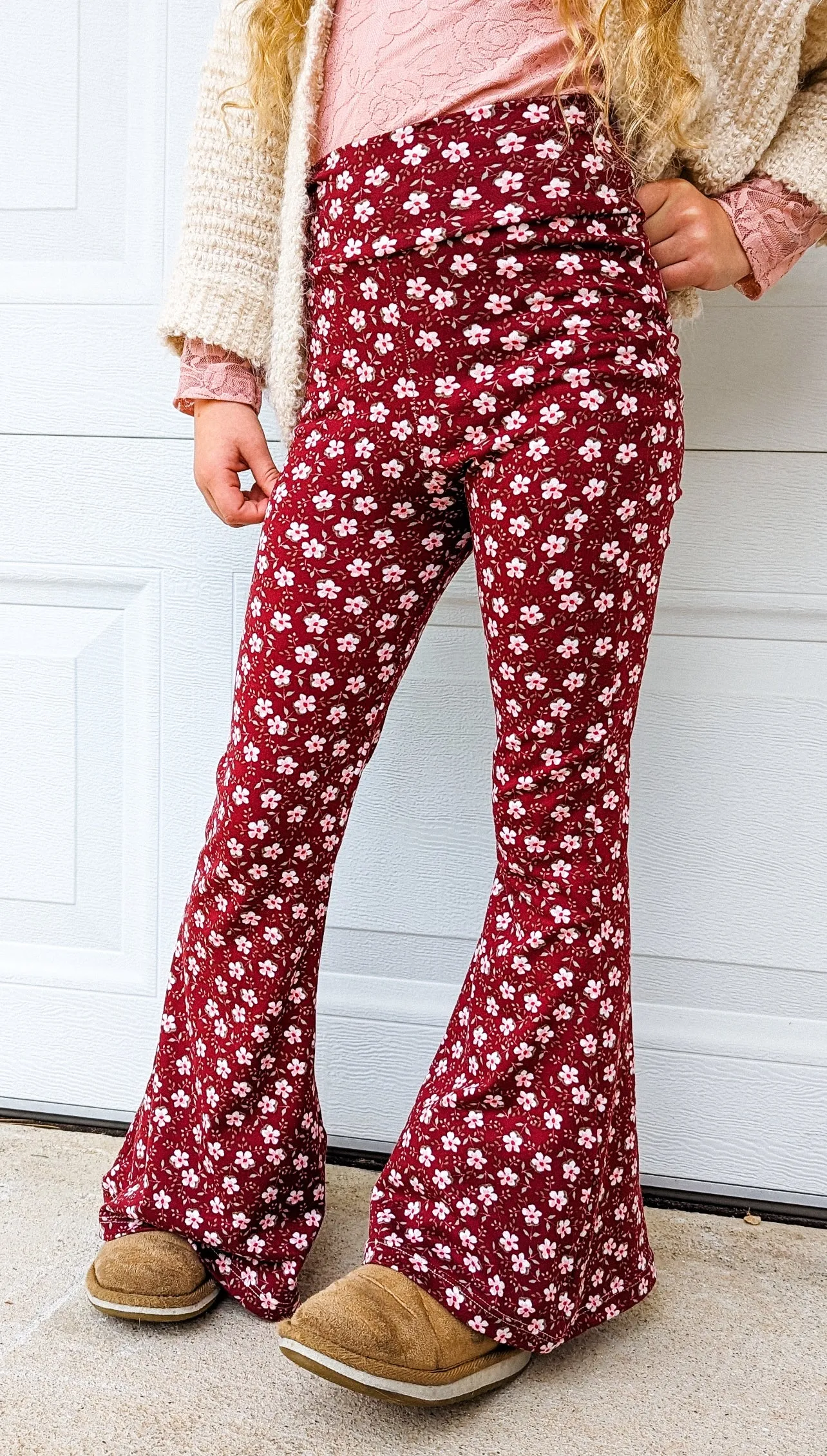 Red Bell Bottoms in Pink Ditsy Floral Print