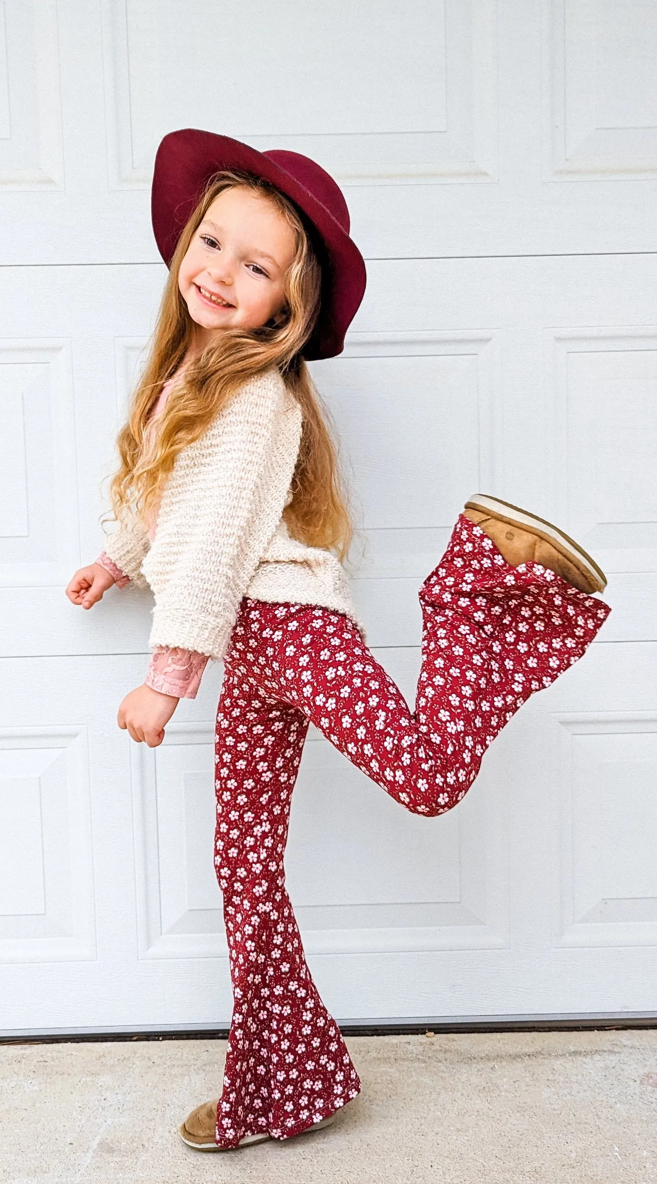 Red Bell Bottoms in Pink Ditsy Floral Print