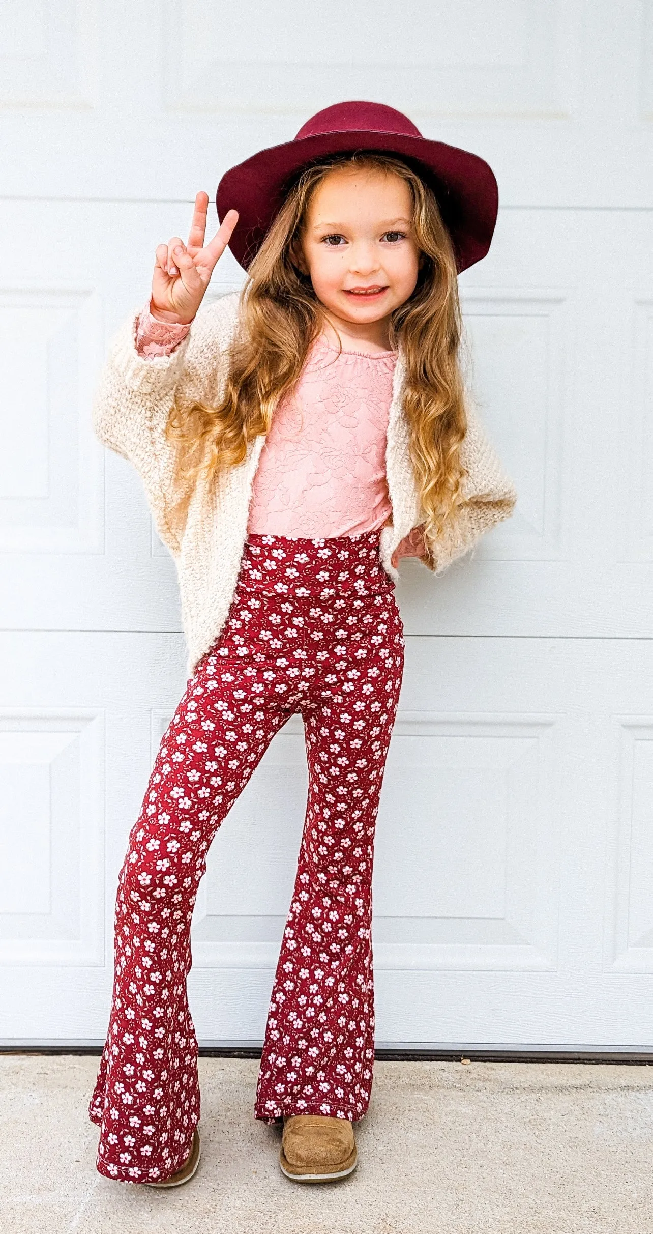 Red Bell Bottoms in Pink Ditsy Floral Print