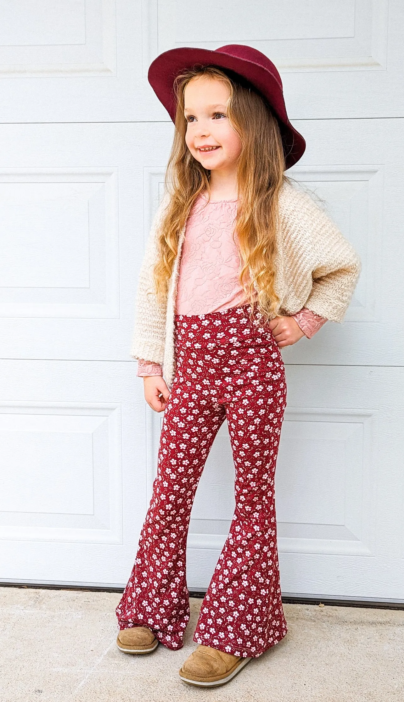 Red Bell Bottoms in Pink Ditsy Floral Print