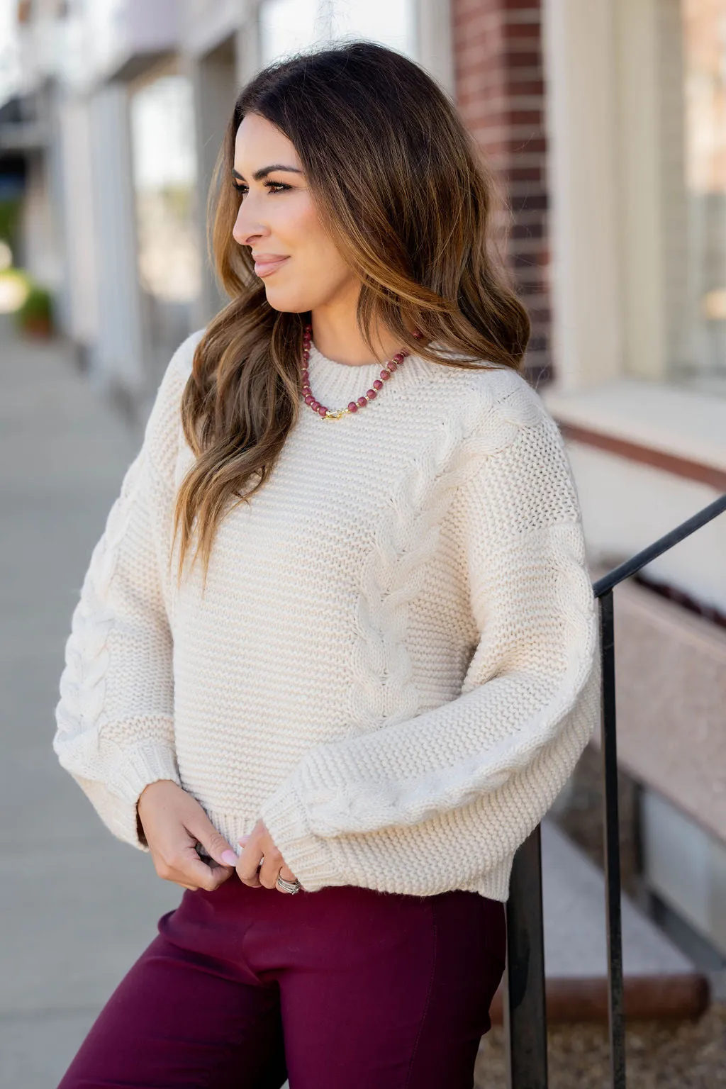 Relaxed Cable Knit Accented Sweater