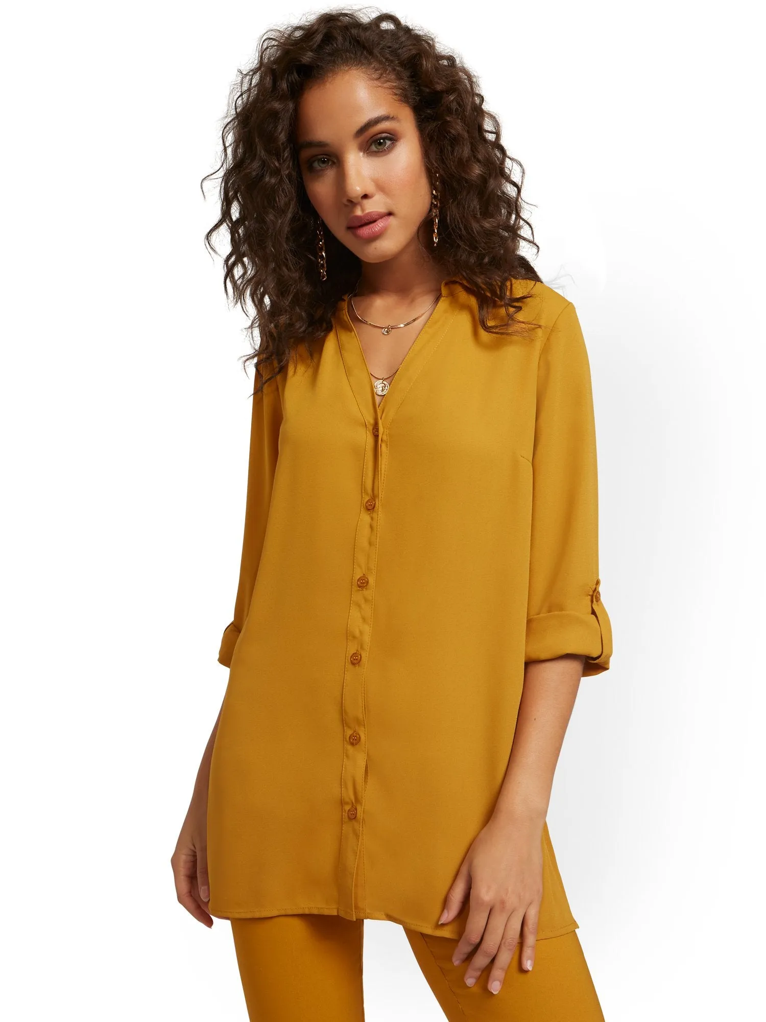 Roll Tab Button-Down Tunic Blouse