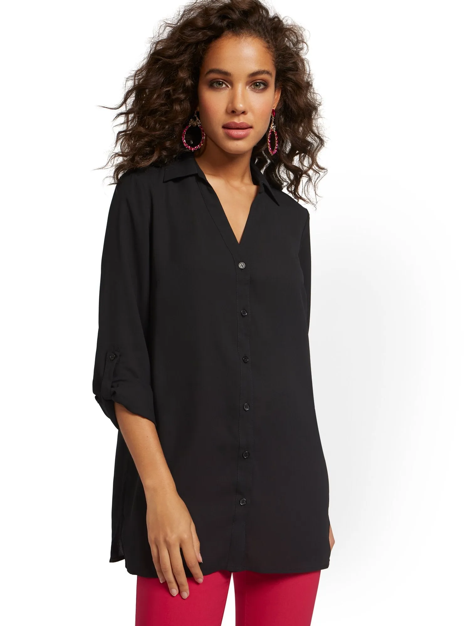 Roll Tab Button-Down Tunic Blouse