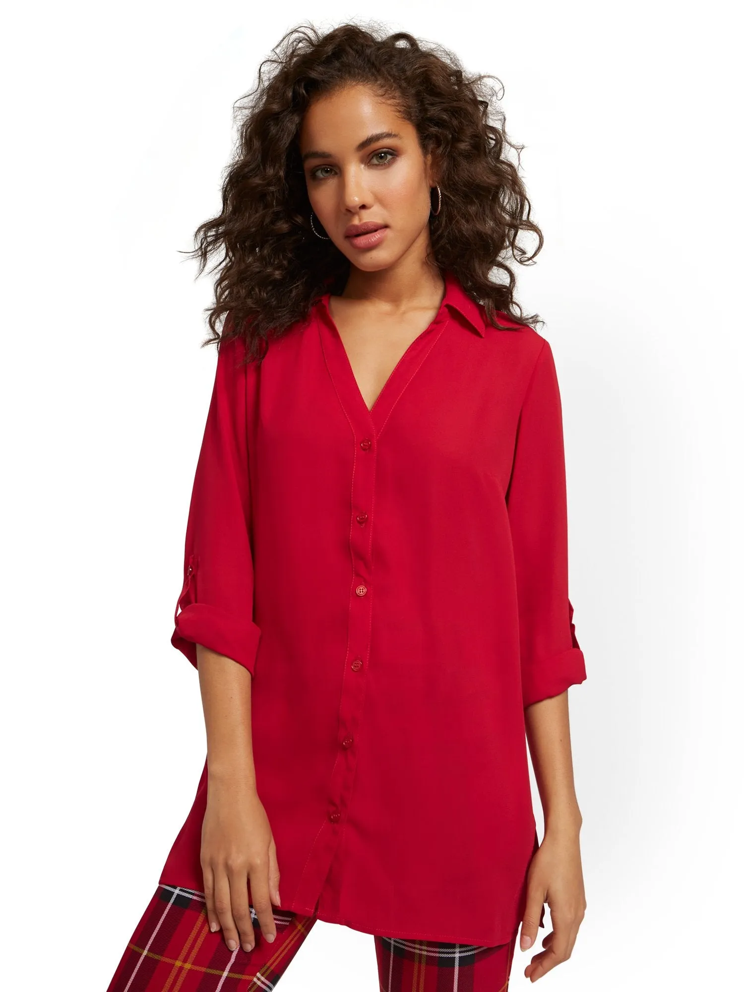 Roll Tab Button-Down Tunic Blouse