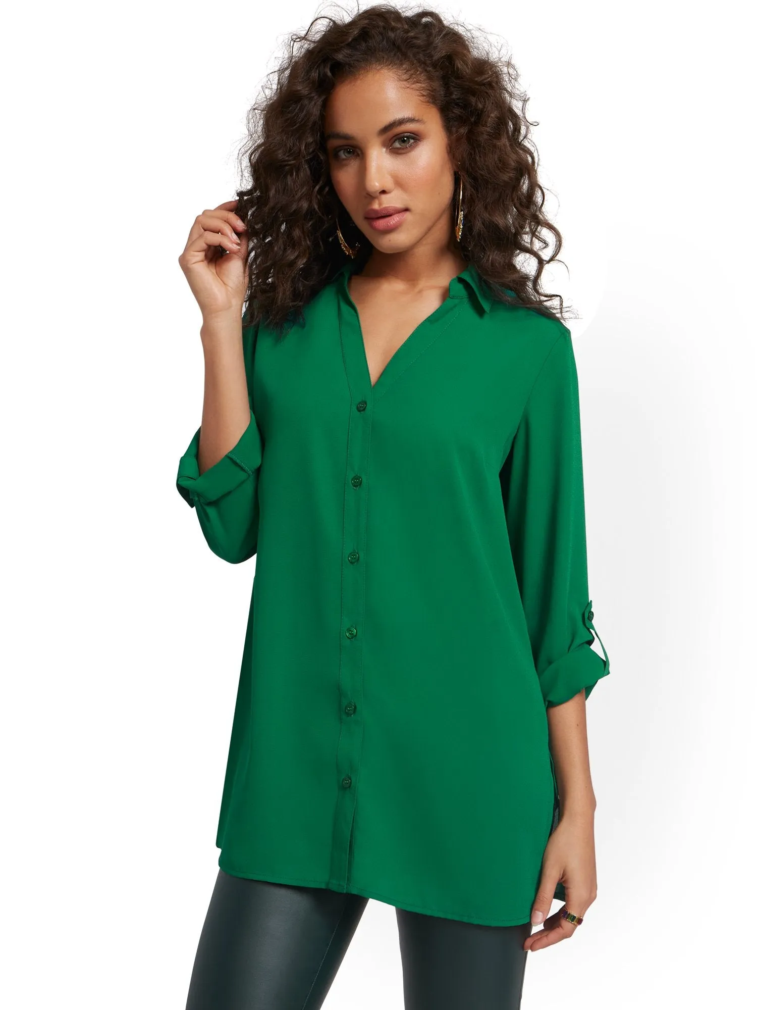 Roll Tab Button-Down Tunic Blouse