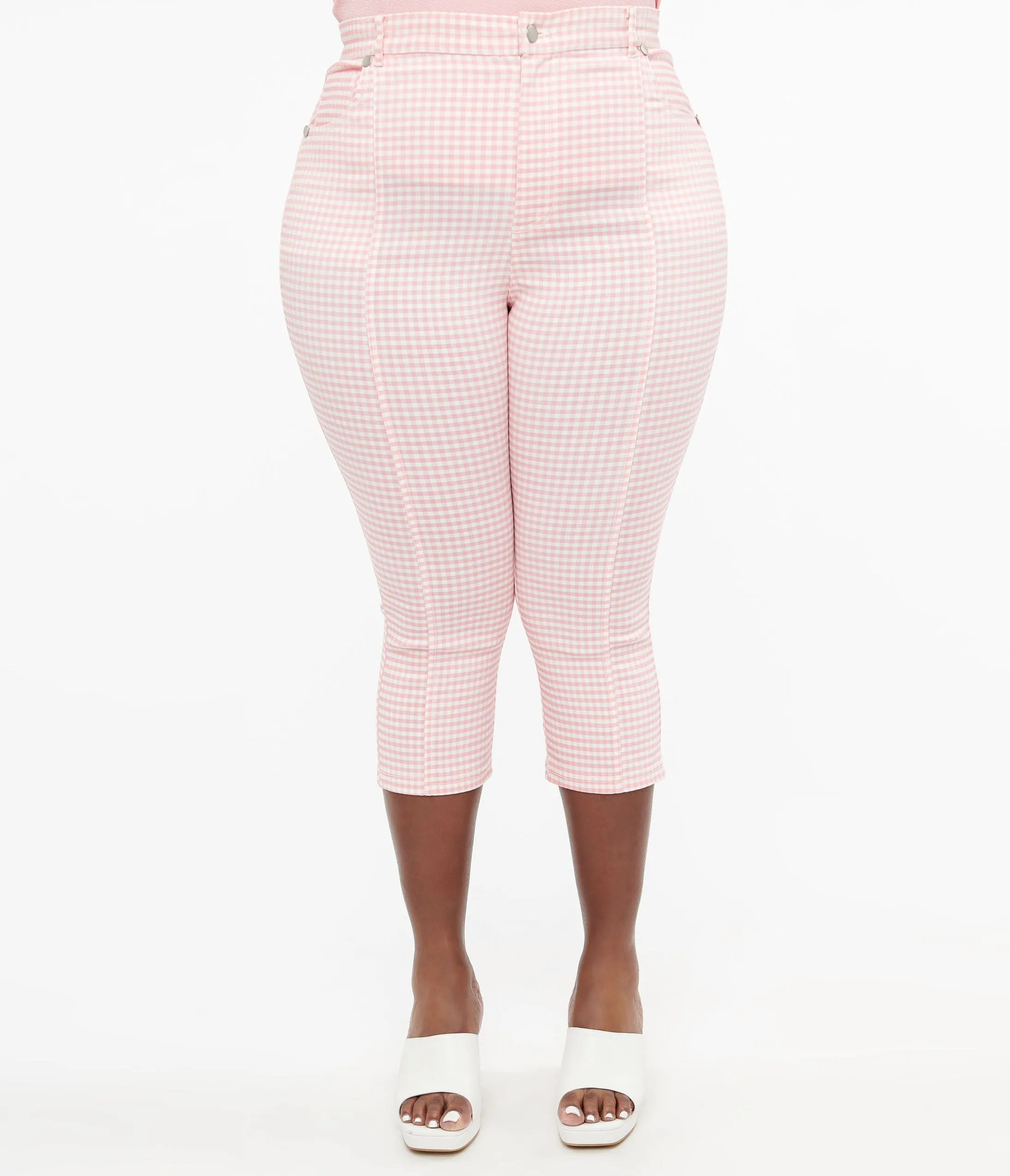 Smak Parlour Plus Size Pink & White Gingham Capri Pants