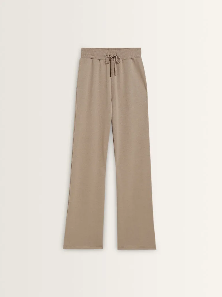 Studiofit Beige Solid Mid-Rise Track Pants