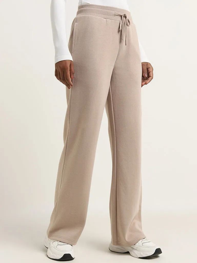 Studiofit Beige Solid Mid-Rise Track Pants