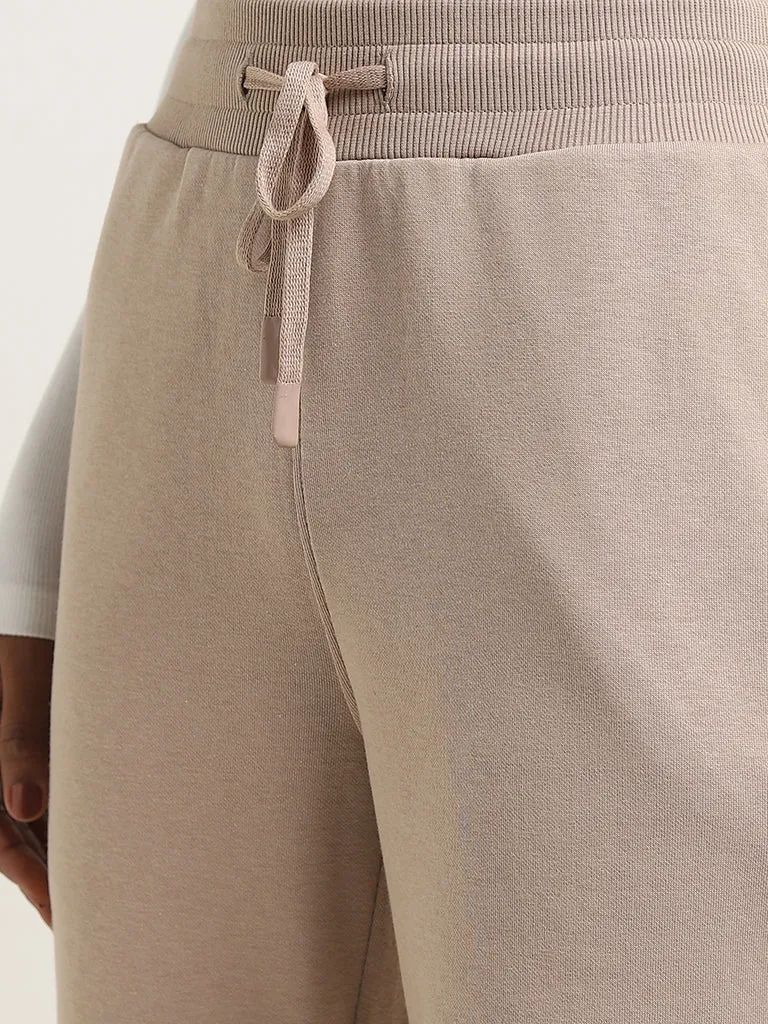 Studiofit Beige Solid Mid-Rise Track Pants