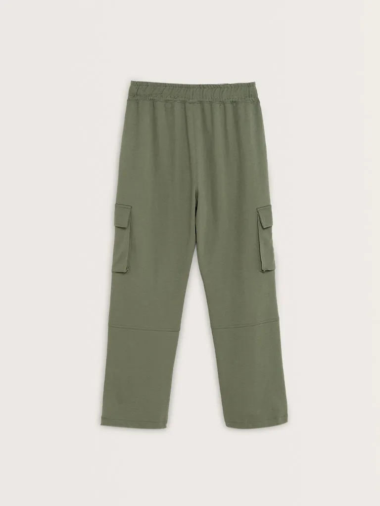 Studiofit Olive Cargo-Style Mid-Rise Relaxed-Fit Pants