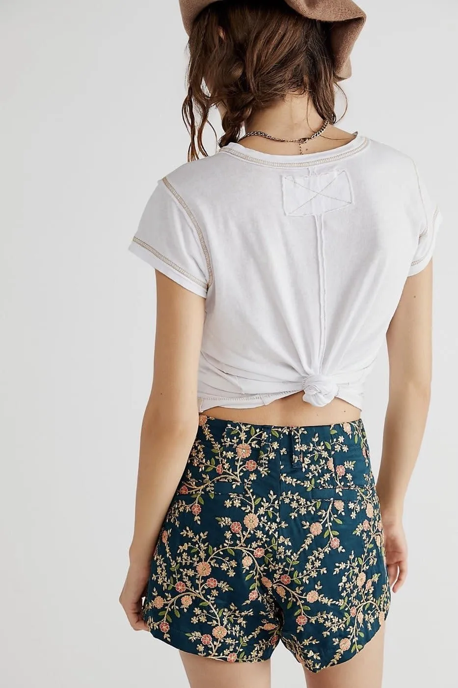 TURQUOISE EMBROIDERED SILK SHORTS X FREE PEOPLE