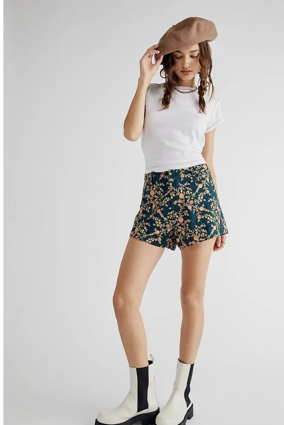 TURQUOISE EMBROIDERED SILK SHORTS X FREE PEOPLE