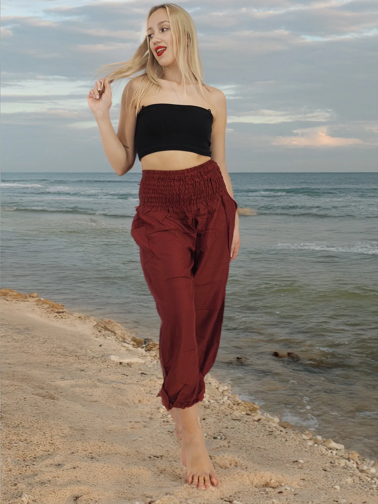 Unisex Harem Yoga Hippie Boho Pants Solid Burgandy M - L - XL