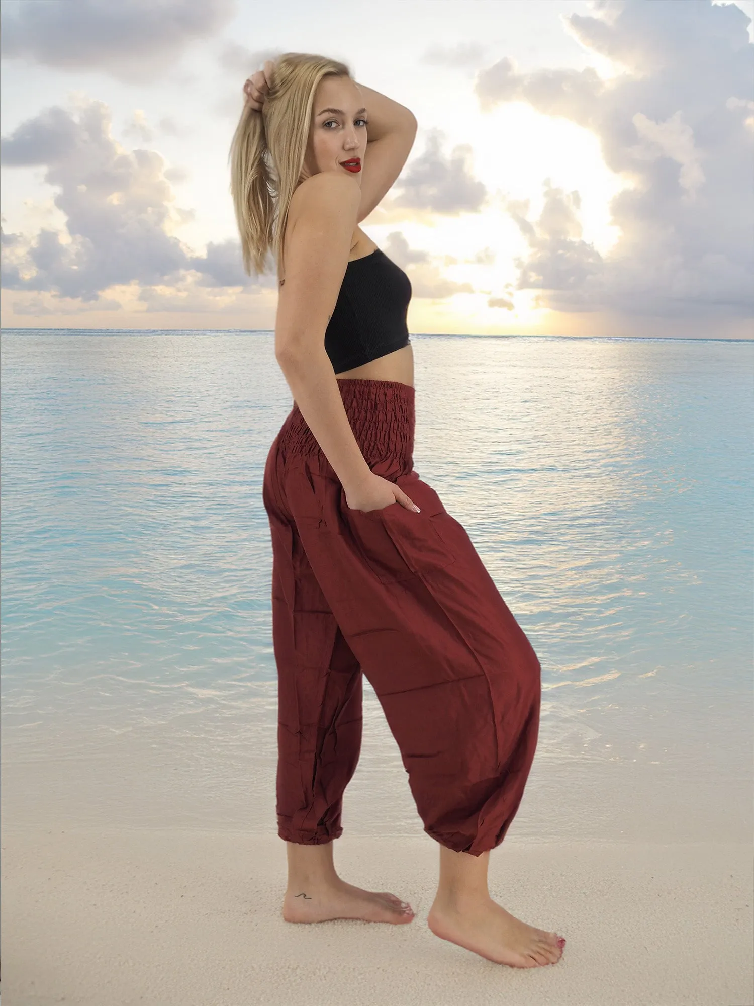 Unisex Harem Yoga Hippie Boho Pants Solid Burgandy M - L - XL