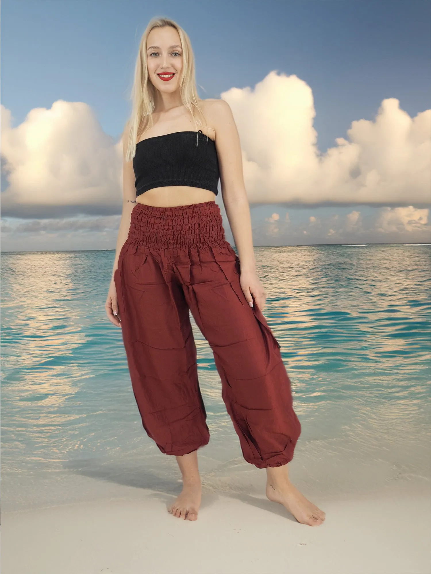 Unisex Harem Yoga Hippie Boho Pants Solid Burgandy M - L - XL