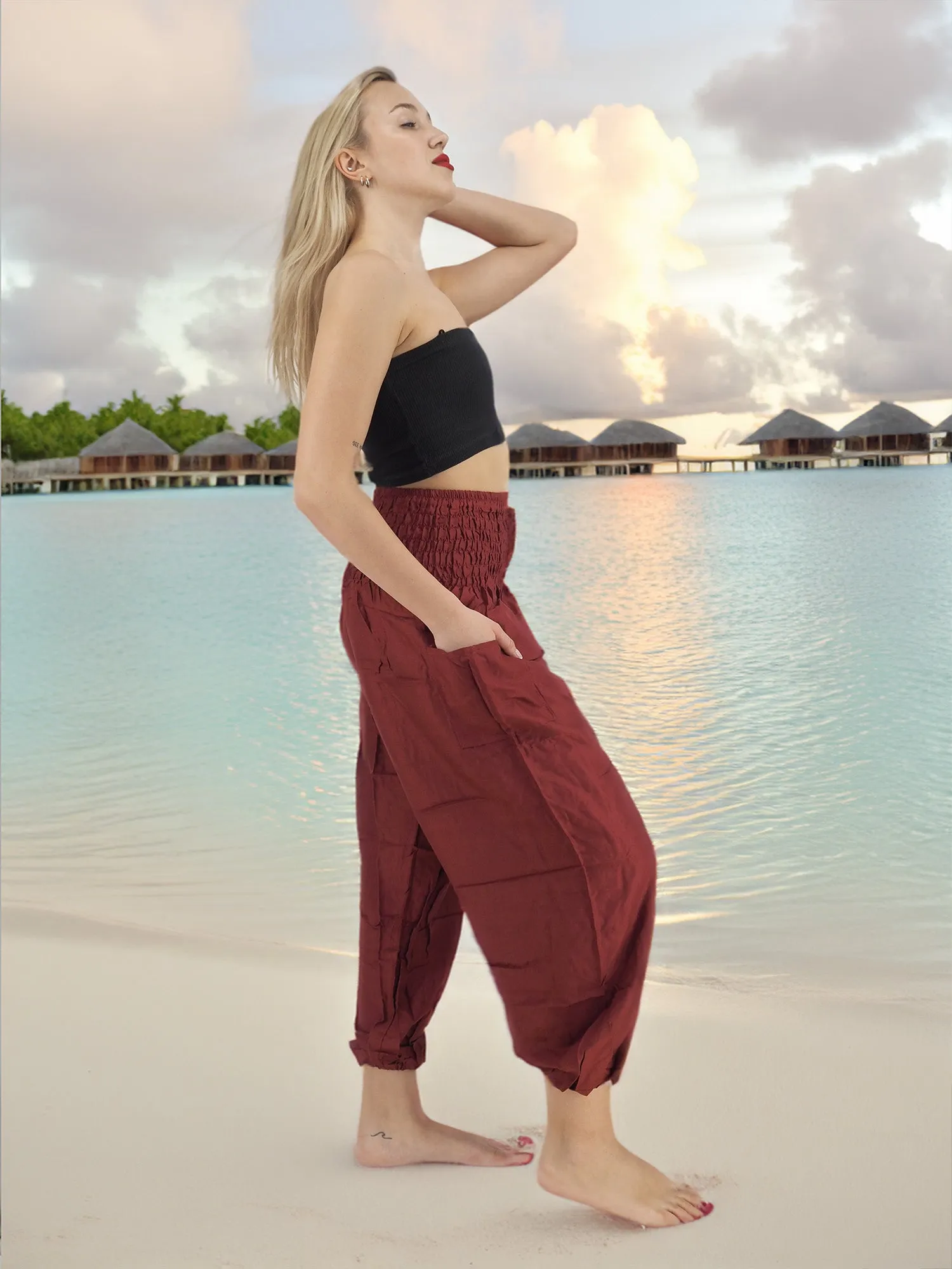 Unisex Harem Yoga Hippie Boho Pants Solid Burgandy M - L - XL