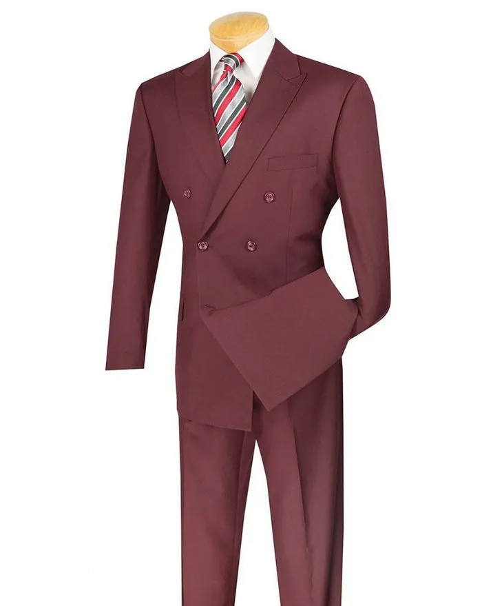 Vinci Regular Fit Double Breasted 2 Piece Suit with Flexible Elastic Waistband Burgundy F-DC900