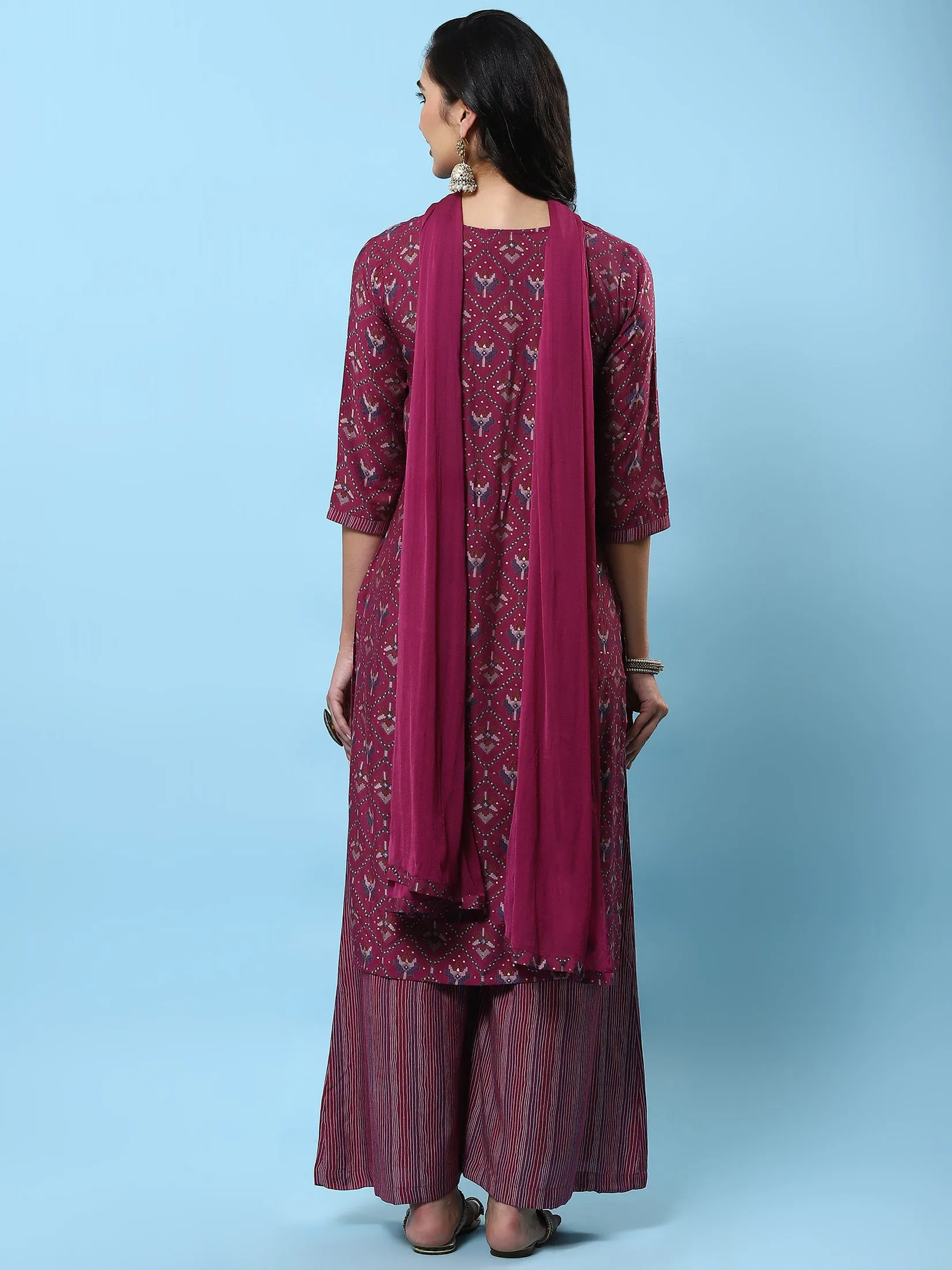 Women Burgundy Abstract Printed Kurta Wide Pant Dupatta