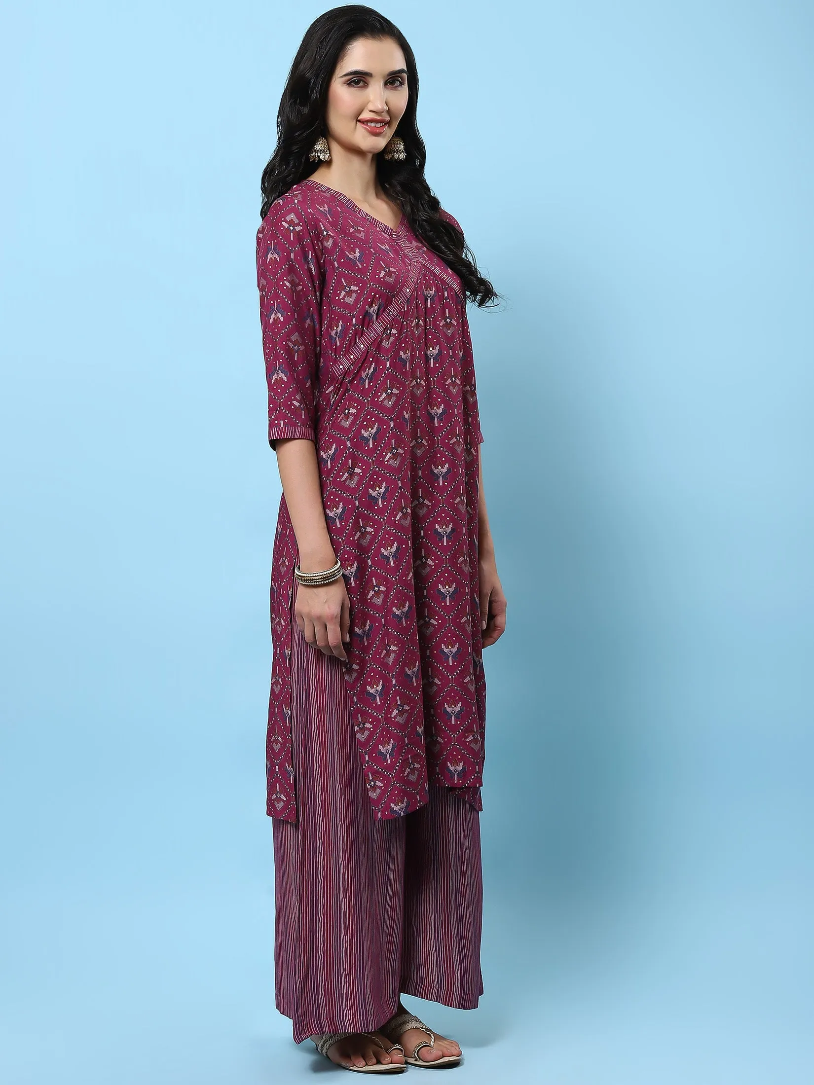 Women Burgundy Abstract Printed Kurta Wide Pant Dupatta