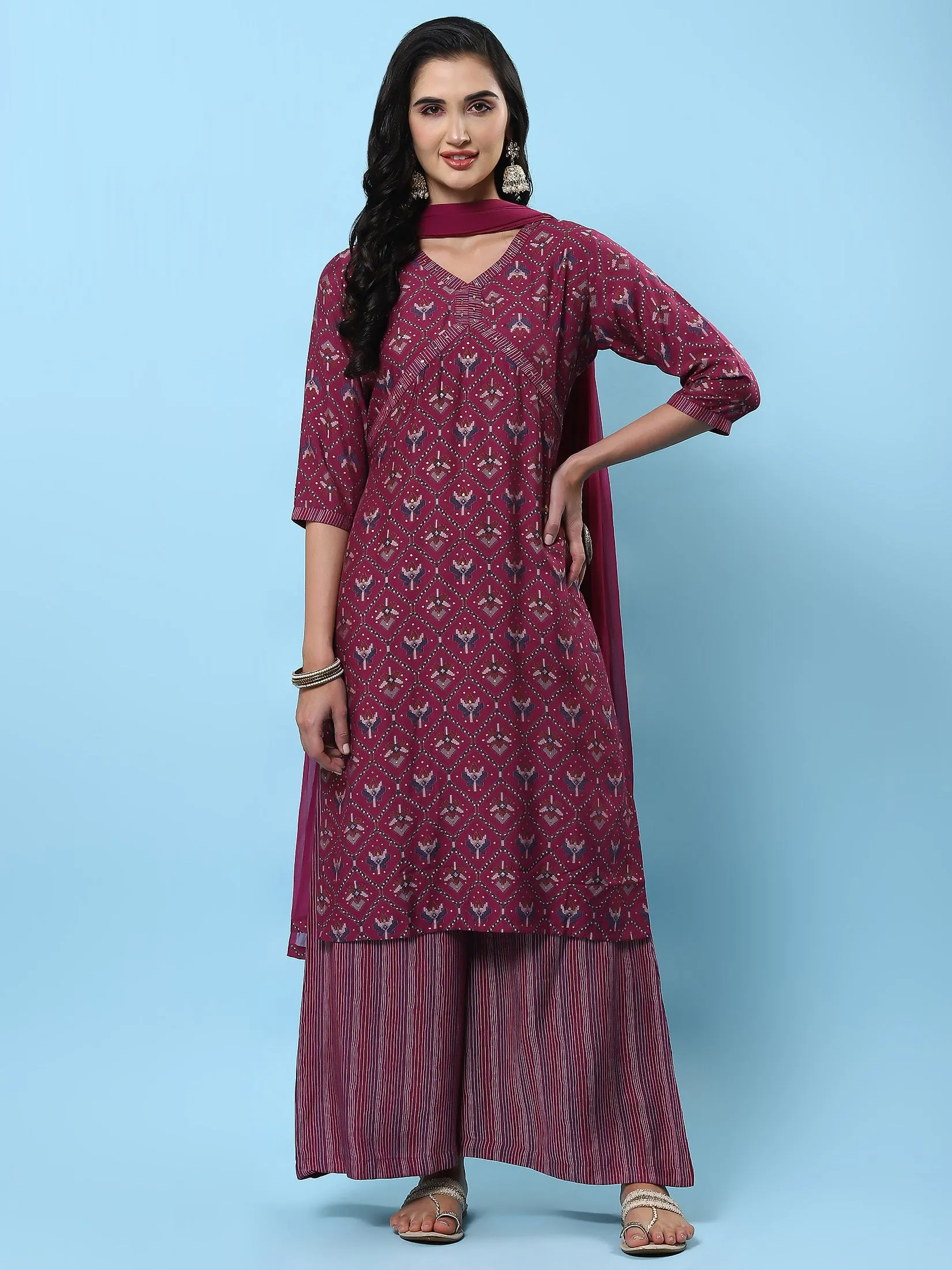 Women Burgundy Abstract Printed Kurta Wide Pant Dupatta