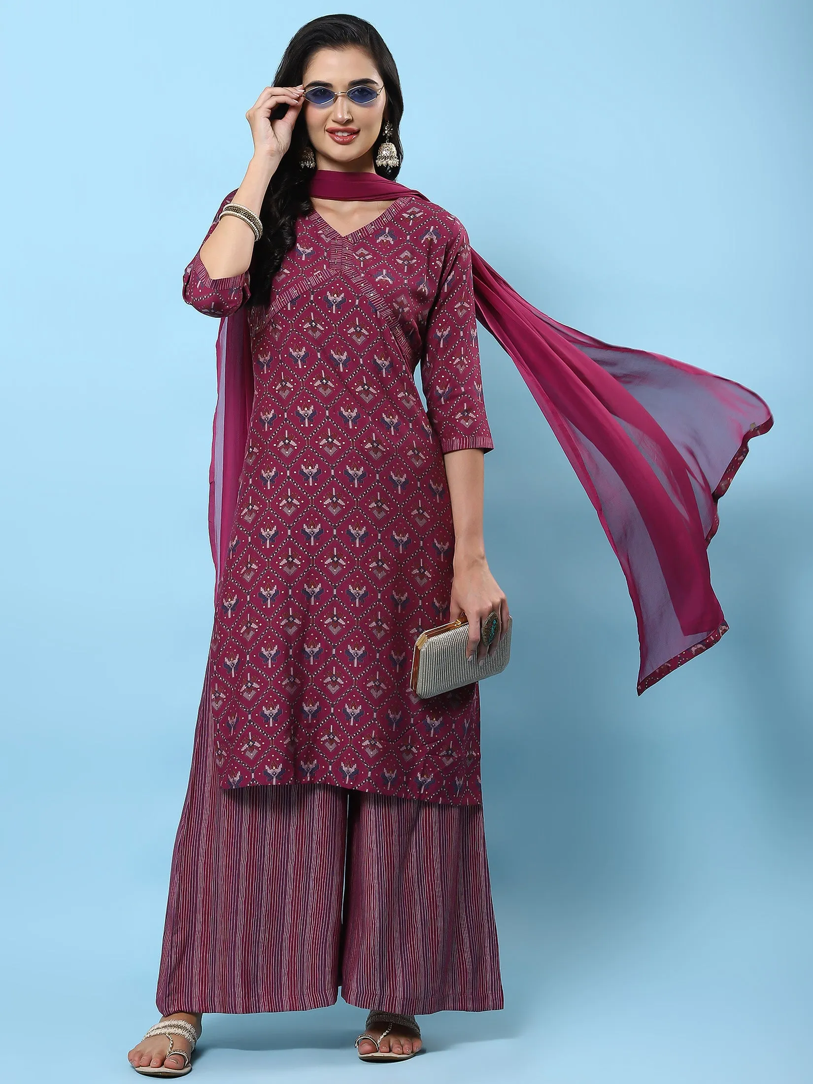 Women Burgundy Abstract Printed Kurta Wide Pant Dupatta