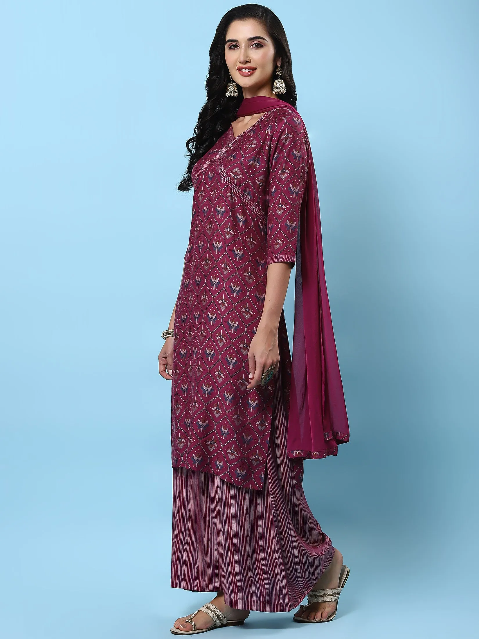 Women Burgundy Abstract Printed Kurta Wide Pant Dupatta