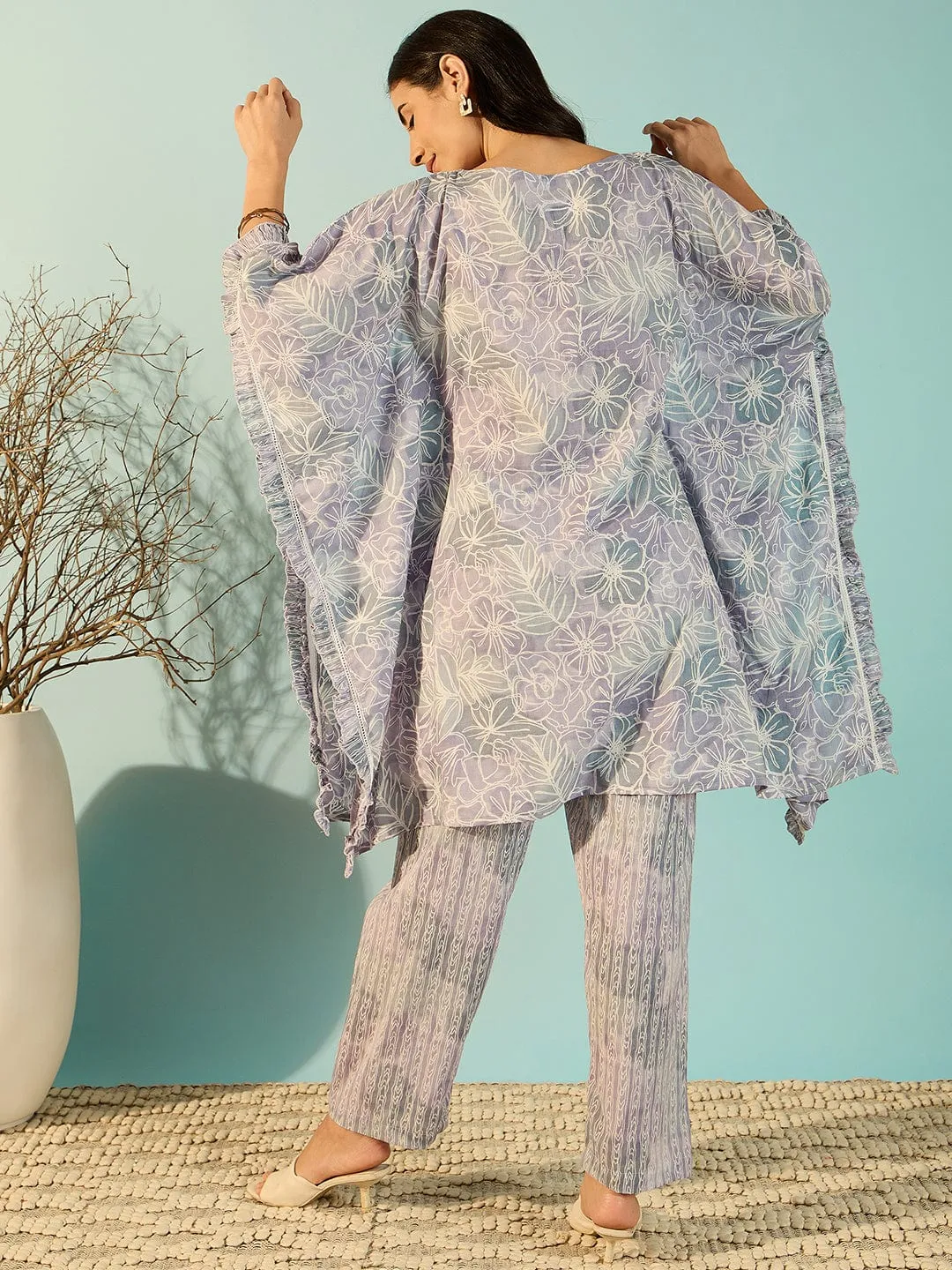 Women Lilac Artisan Print Cotton Kaftan Style Co-Ord Set