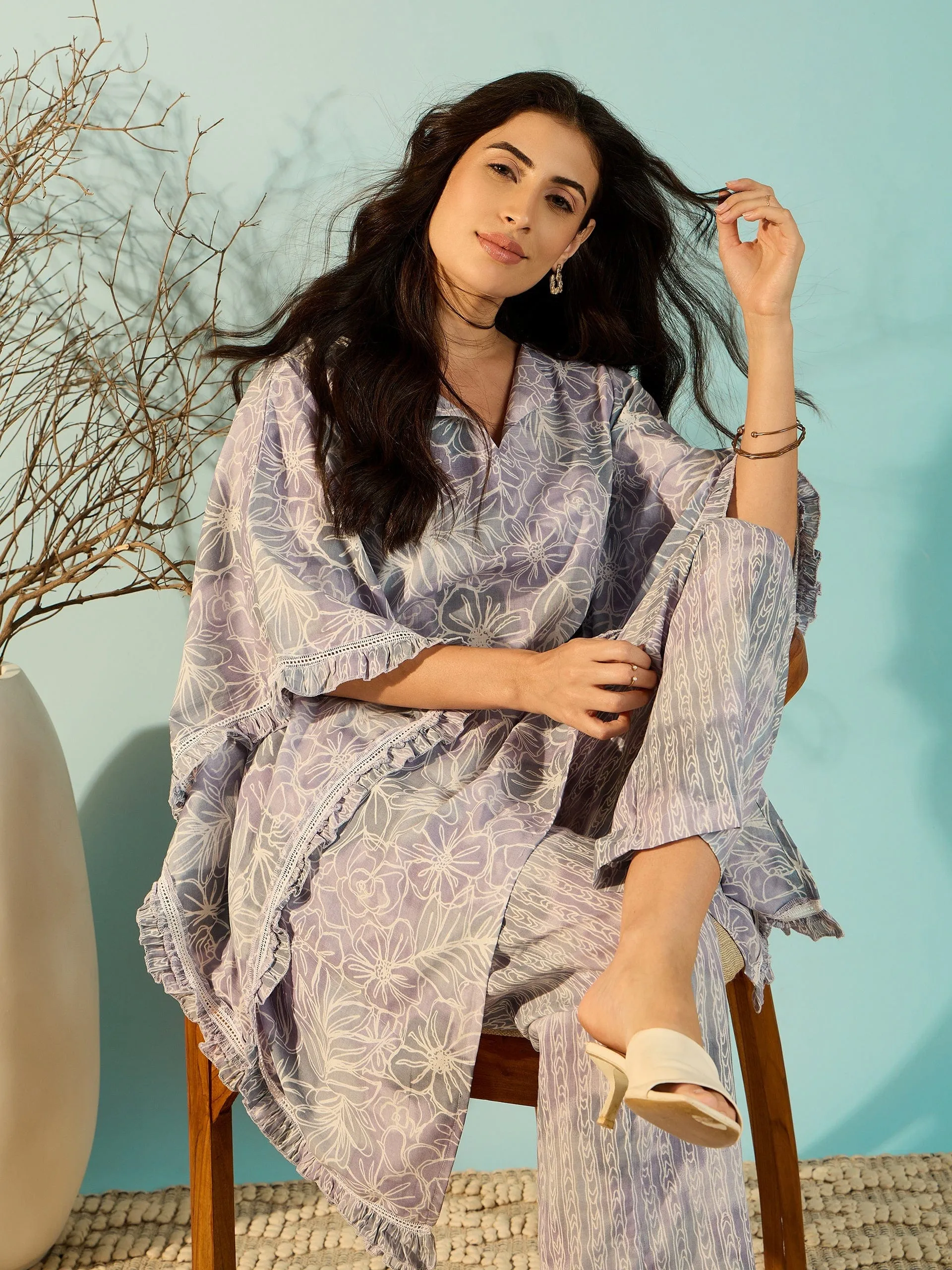 Women Lilac Artisan Print Cotton Kaftan Style Co-Ord Set