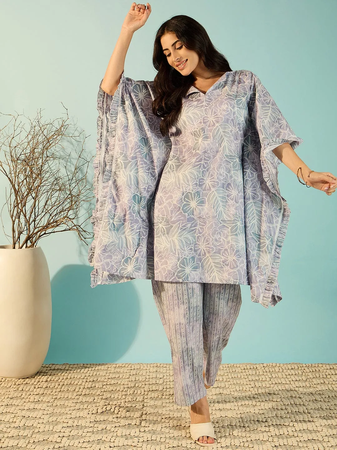 Women Lilac Artisan Print Cotton Kaftan Style Co-Ord Set