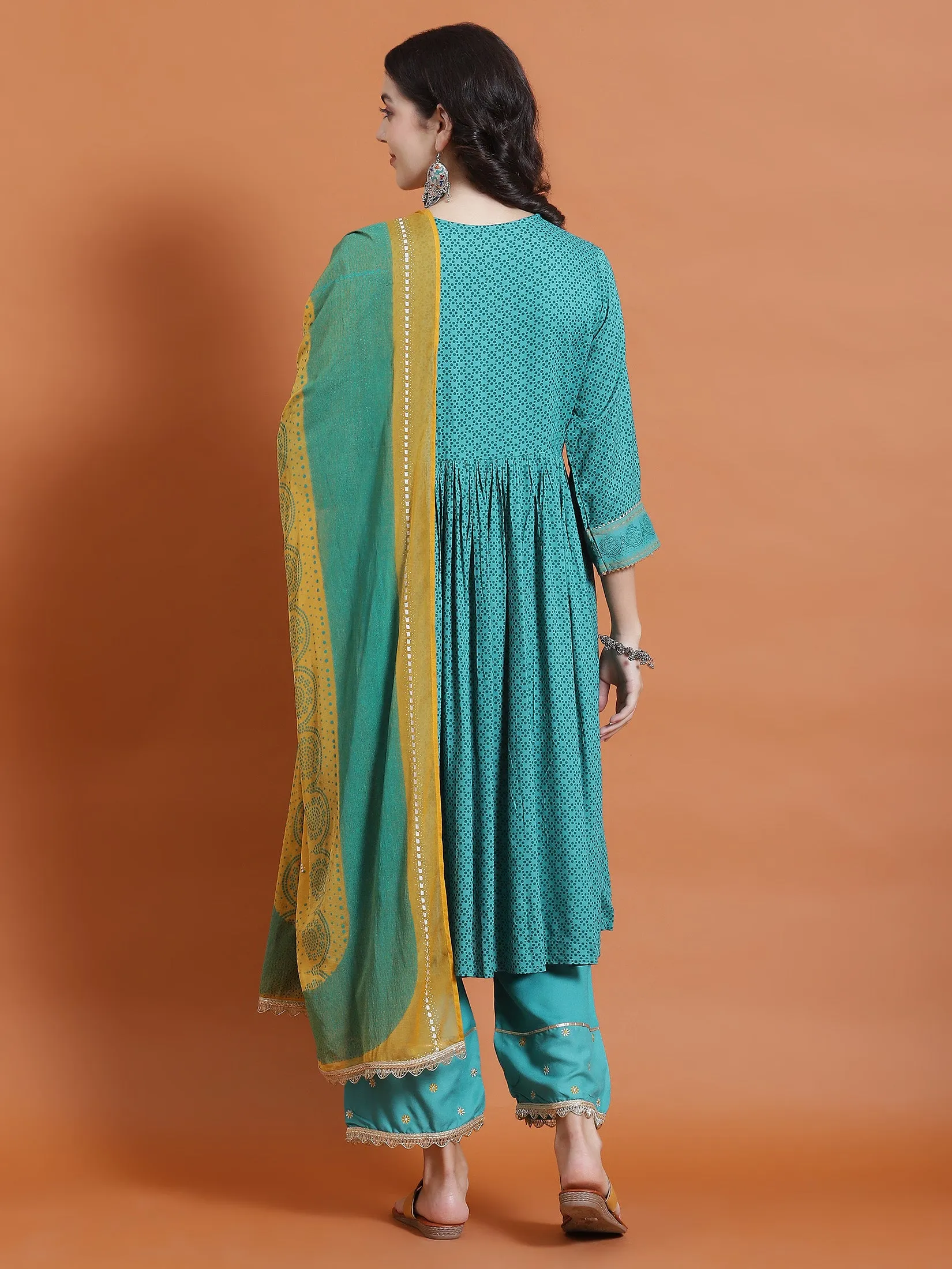 Women Teal Geometric Print Kurta Comfort Pant Dupatta