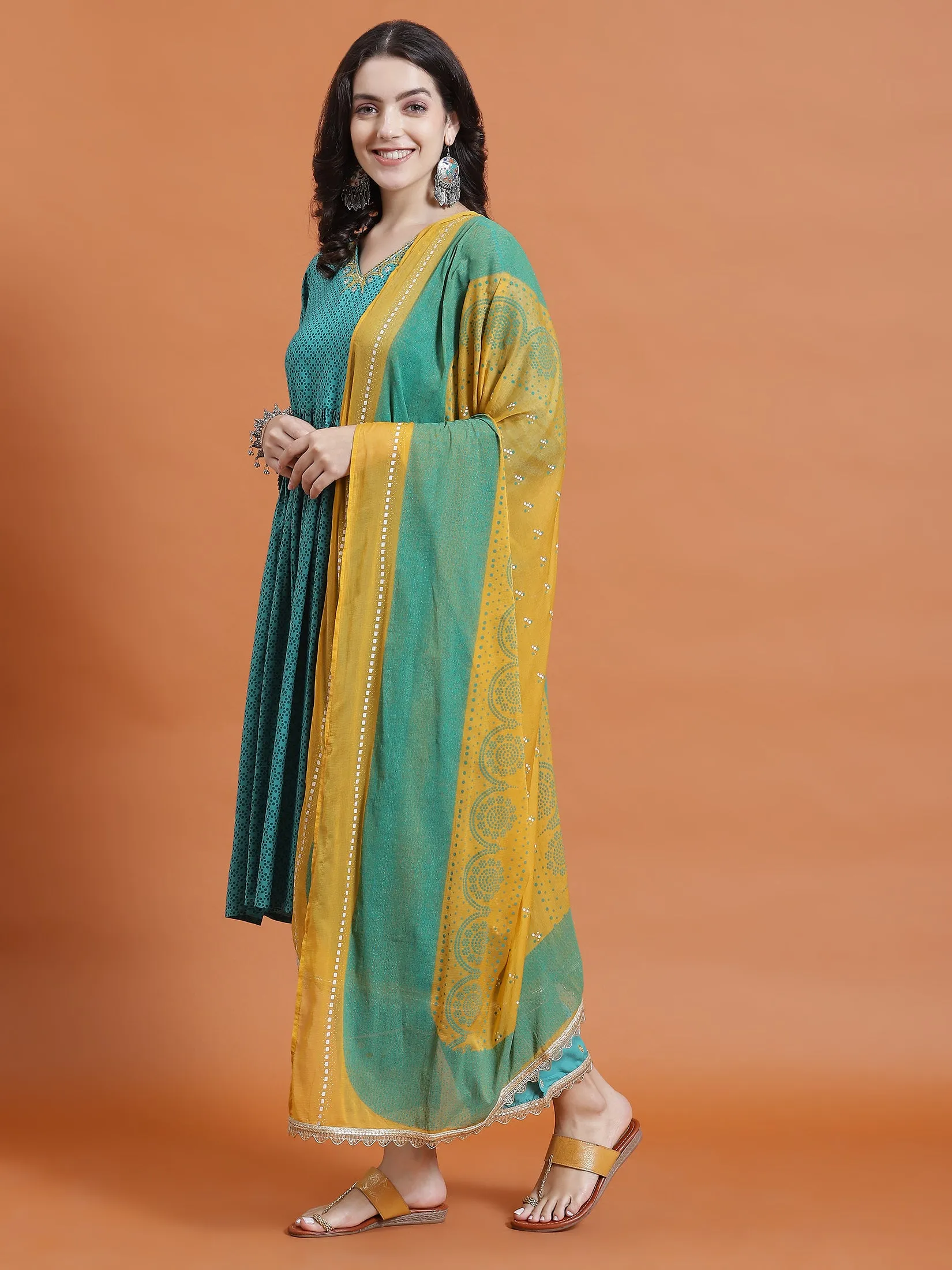 Women Teal Geometric Print Kurta Comfort Pant Dupatta