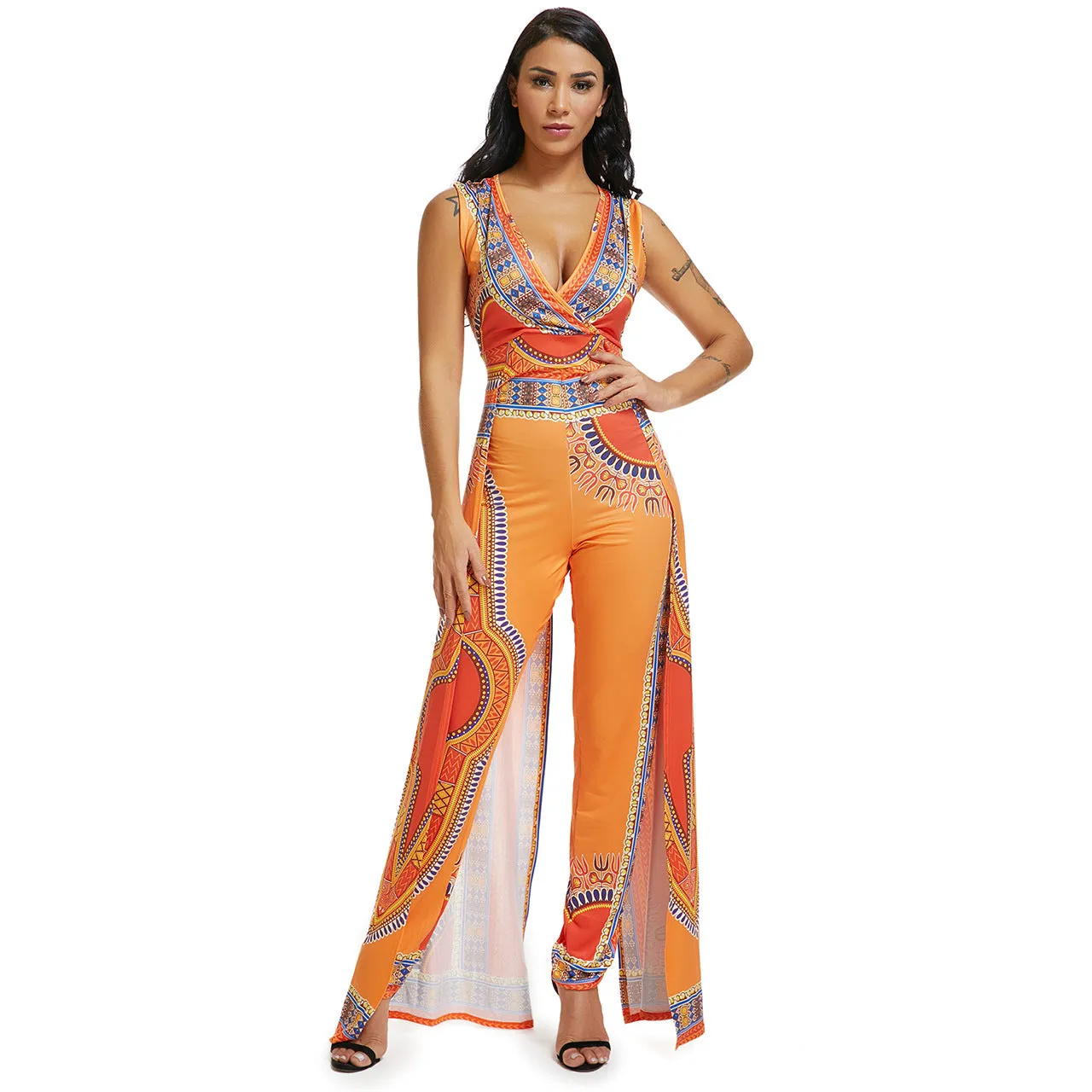 Women Wear Positioning Printing Orange Ethnic Jumpsuit