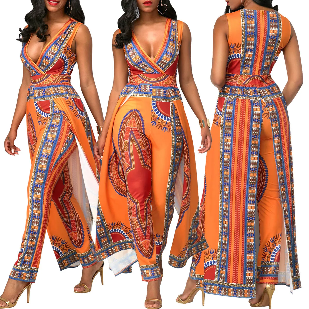 Women Wear Positioning Printing Orange Ethnic Jumpsuit