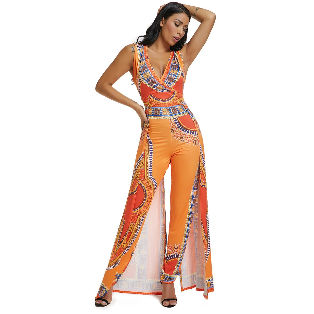 Women Wear Positioning Printing Orange Ethnic Jumpsuit