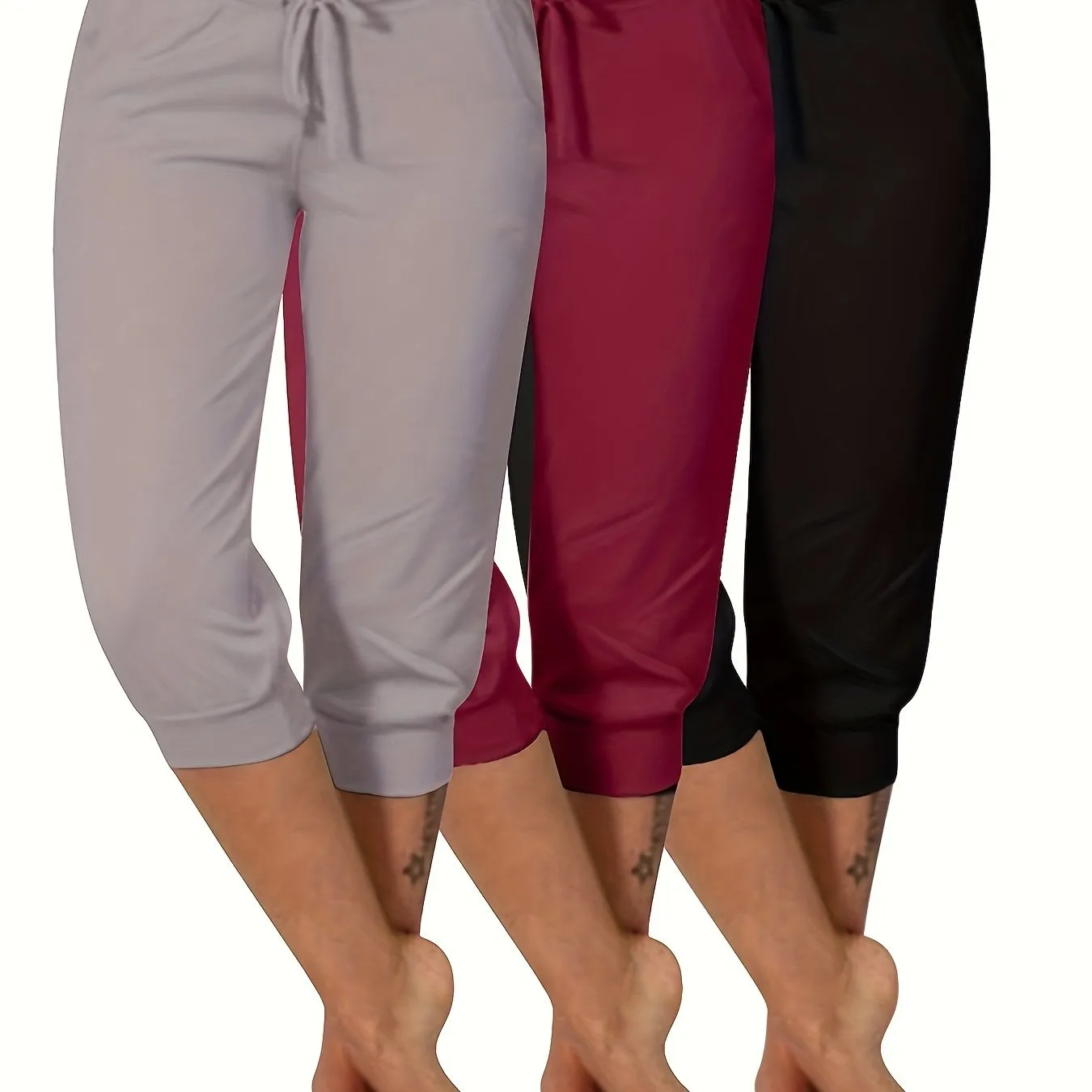 Women's Plus Size 3 Piece Set: Sexy Solid Color Sports Yoga Capri Pants with Drawstring.