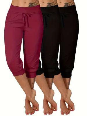 Women's Plus Size 3 Piece Set: Sexy Solid Color Sports Yoga Capri Pants with Drawstring.