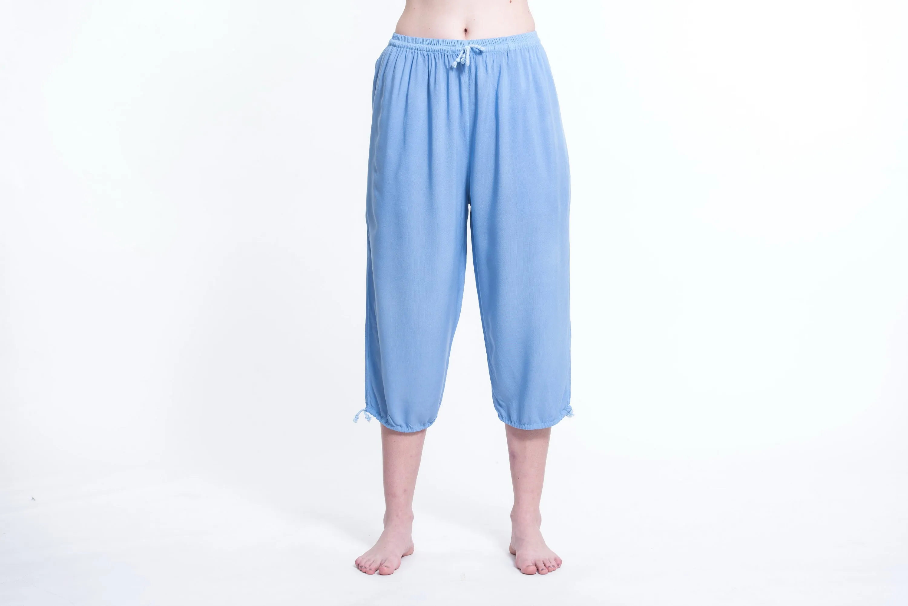 Womens Solid Color Drawstring Cropped Pants in Blue