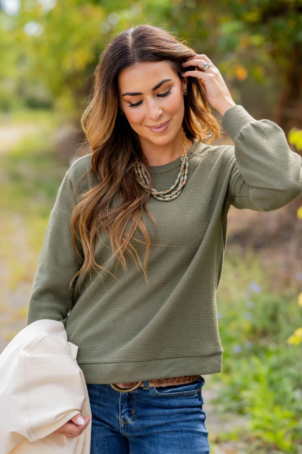 Woven Textured Relaxed Sleeve Sweatshirt