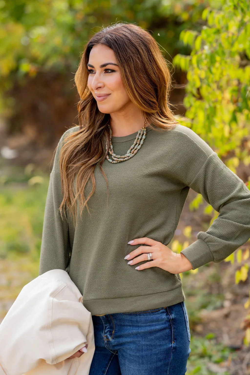 Woven Textured Relaxed Sleeve Sweatshirt