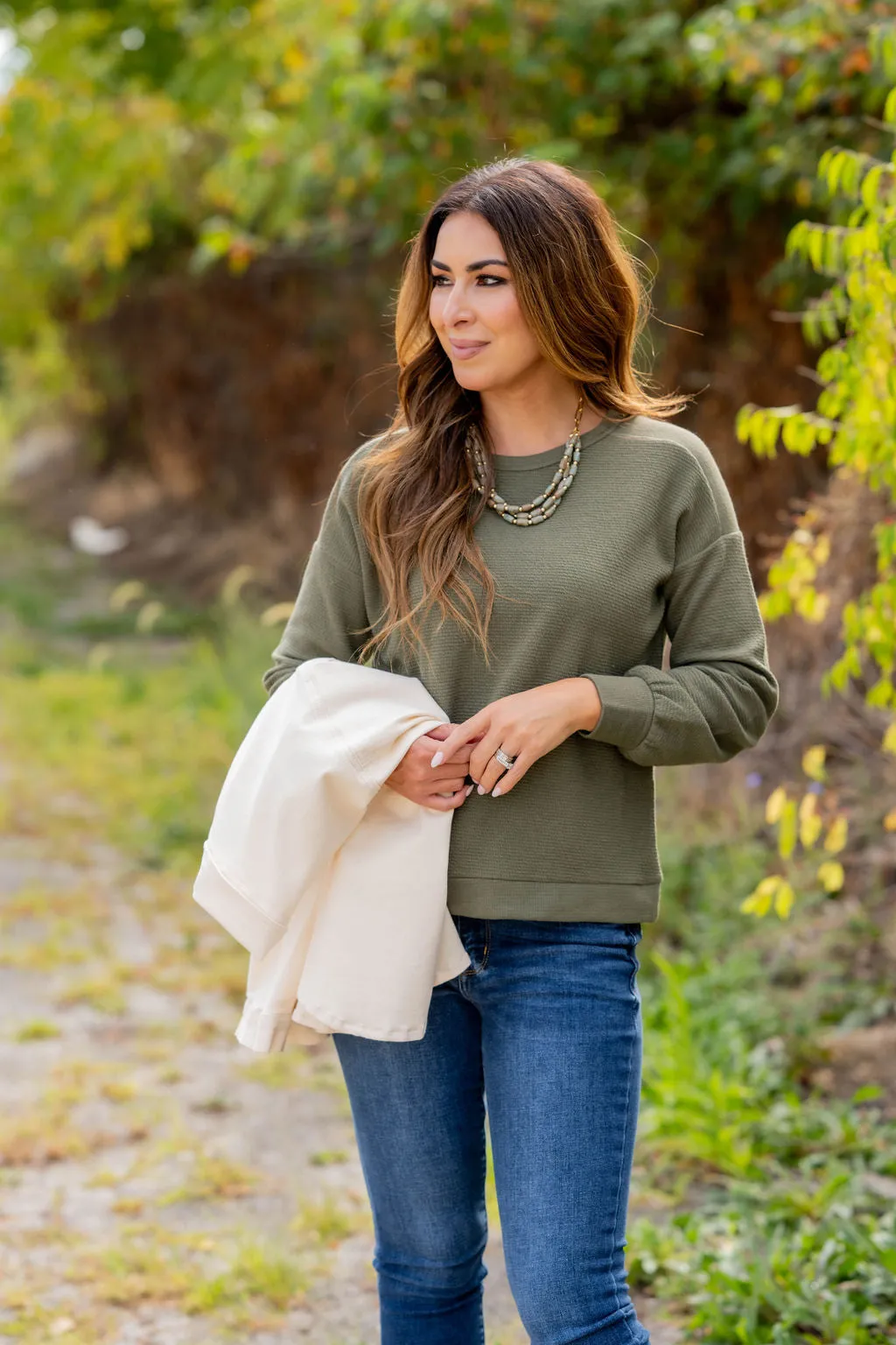 Woven Textured Relaxed Sleeve Sweatshirt