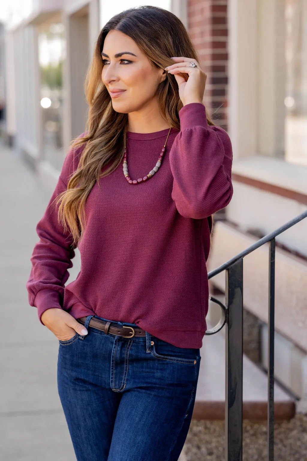 Woven Textured Relaxed Sleeve Sweatshirt