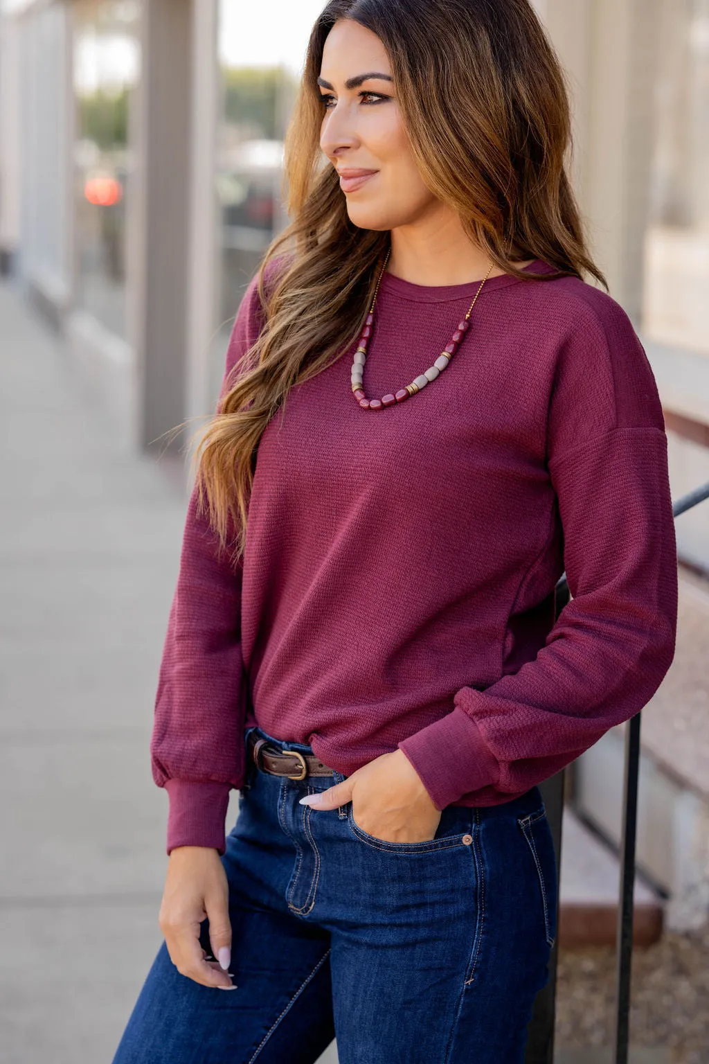 Woven Textured Relaxed Sleeve Sweatshirt