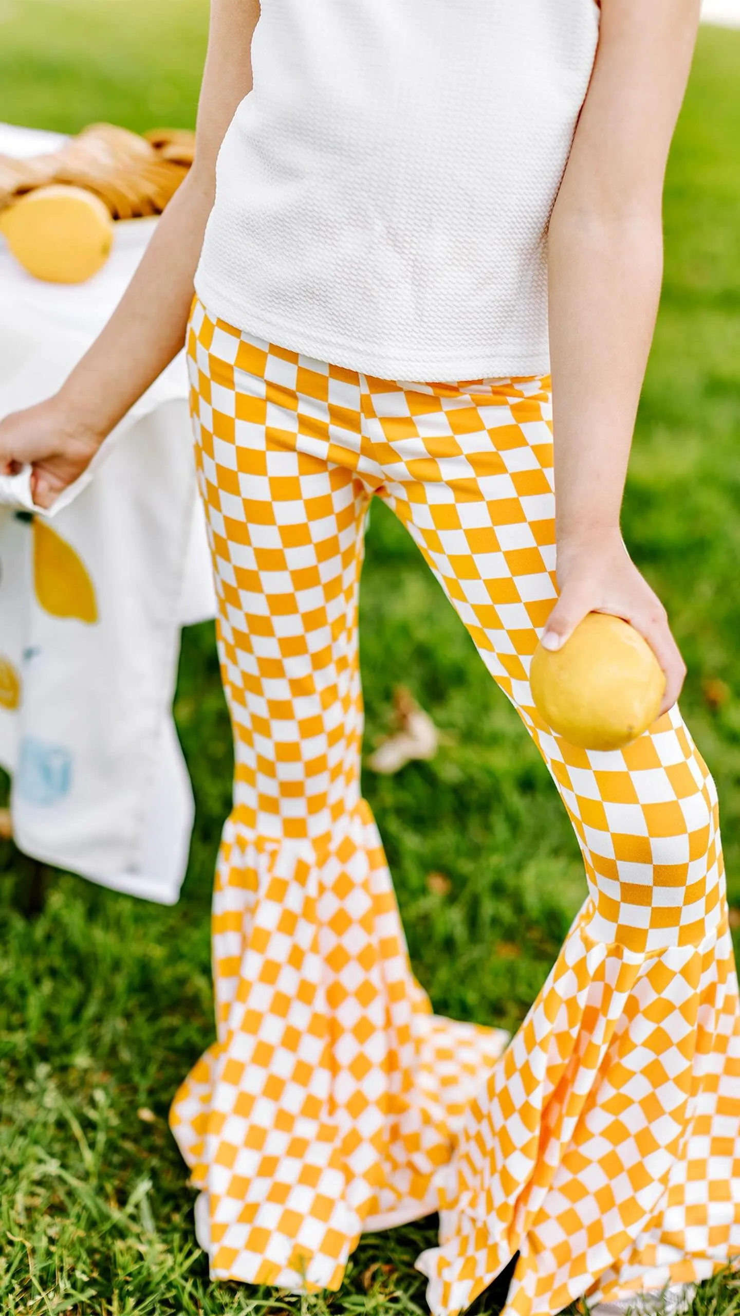 Yellow Mustard Checkered Print Bell Bottom Pants