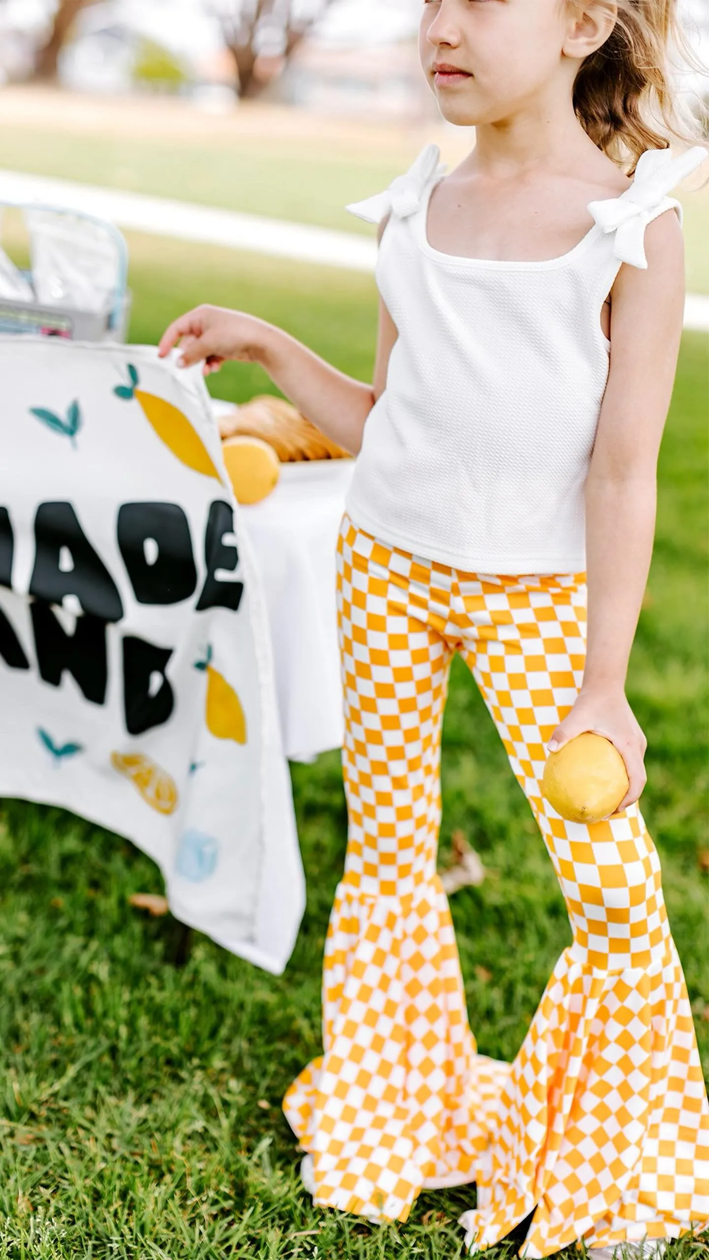 Yellow Mustard Checkered Print Bell Bottom Pants