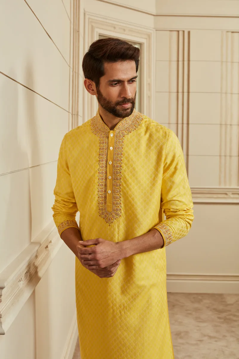 Yellow Textured Jacquard Kurta Set