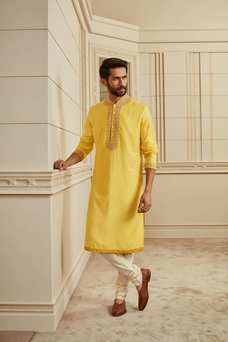 Yellow Textured Jacquard Kurta Set